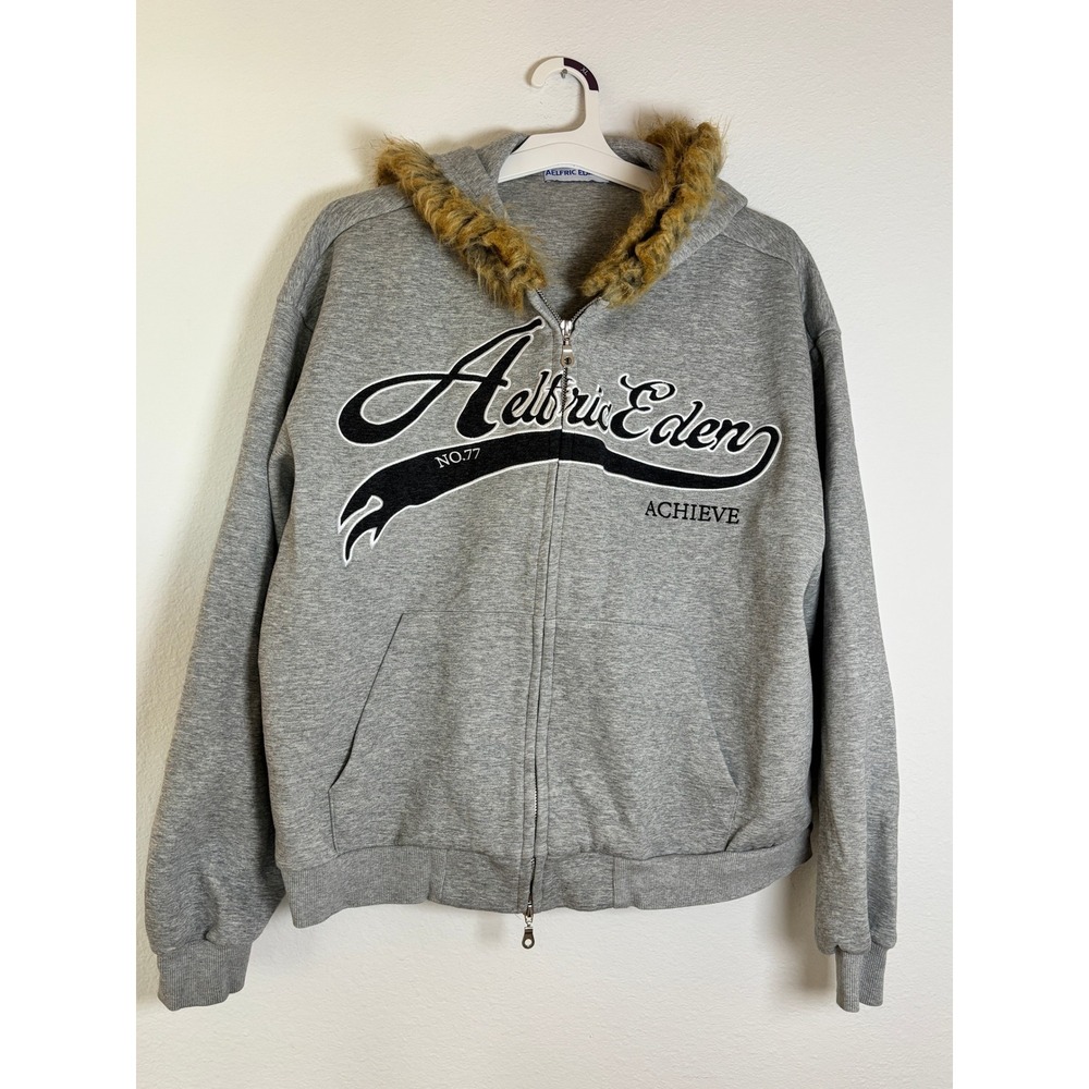 Aelfric Eden Grey Faux Fur Trim Zip Up Hoodie Sweatshirt Achieve Large